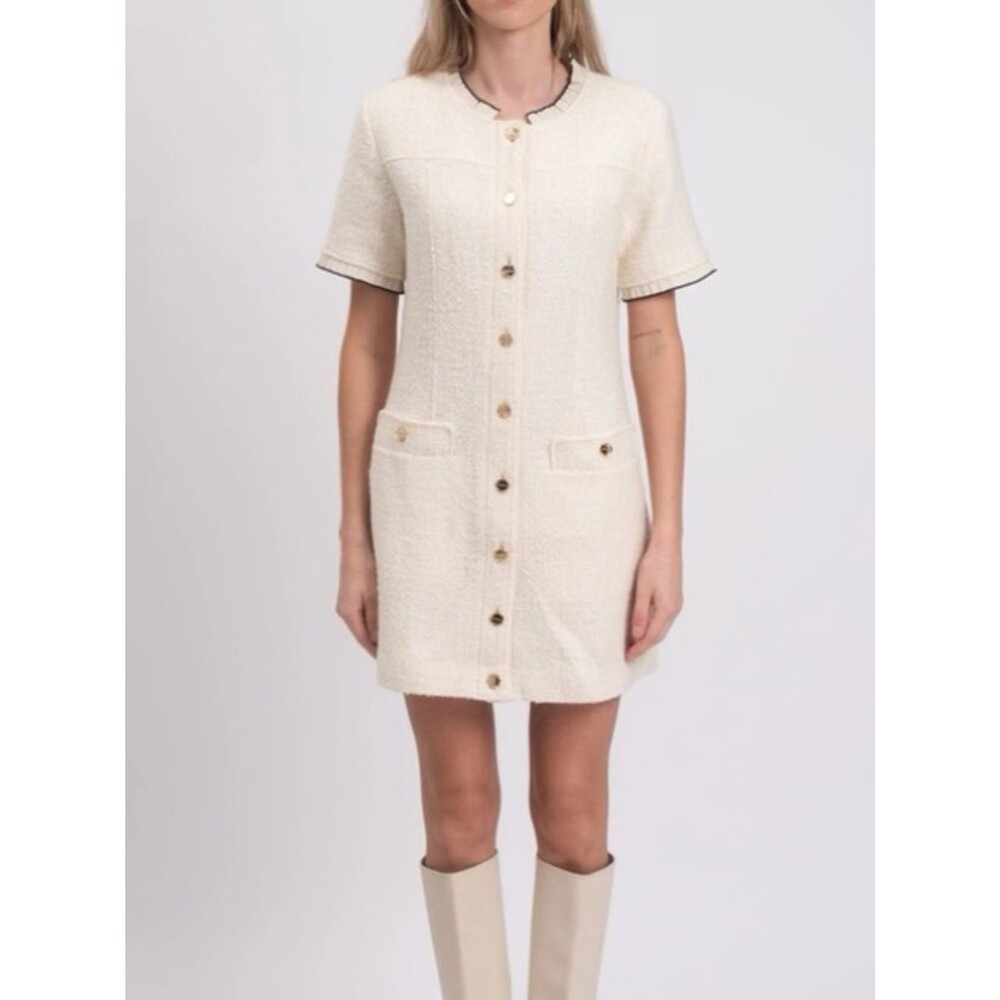 SANDRO PARIS - NWT - Cream Tweed Mini Button-Front Short Sleeve Dress In Beige